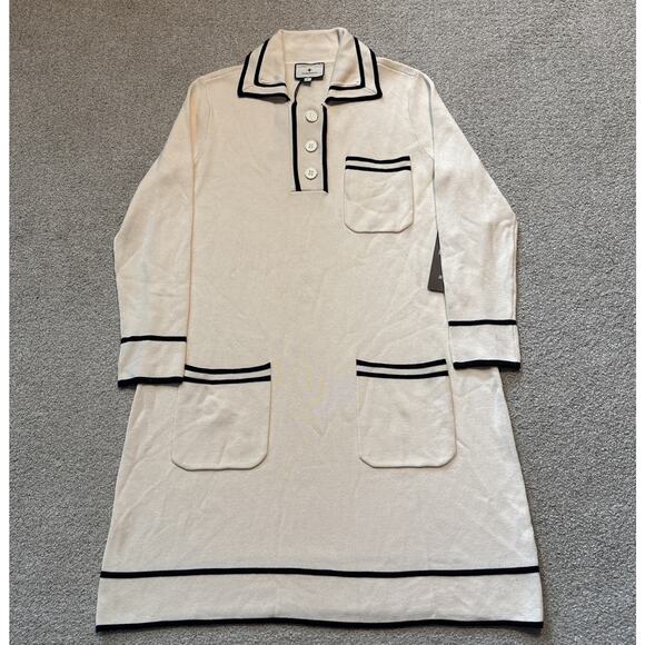 TUCKERNUCK NWT Eleonora Sweater Dress Sz L Cream Navy Women Sheath Classic Polo - Picture 1 of 11